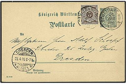 2 pfennig gråblå enkeltbrevkort opfrankeret med 3 pfennig brun fra Würtenberg d. 24.4.1900 til Dresden.