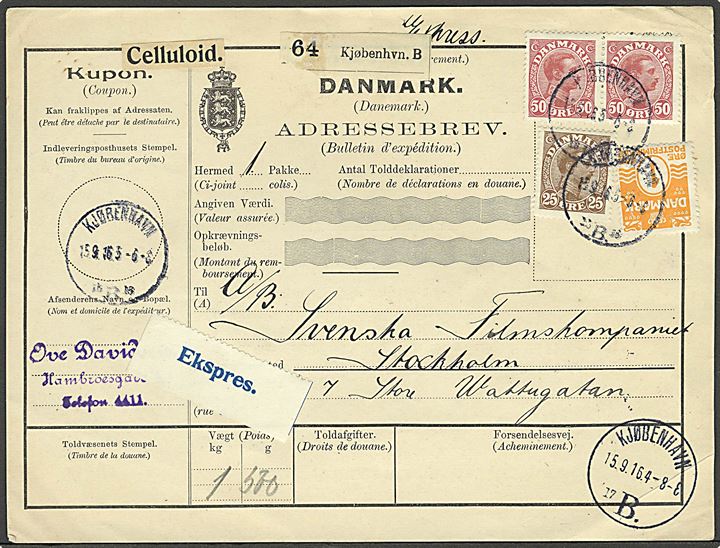1 øre Bølgelinie, 25 øre og 50 øre (par) Chr. X på 1,26 kr. frankeret internationalt adressekort for eksprespakke mærket “Celluloid” fra Kjøbenhavn B. d. 15.9.1916 til Stockholm, Sverige. 