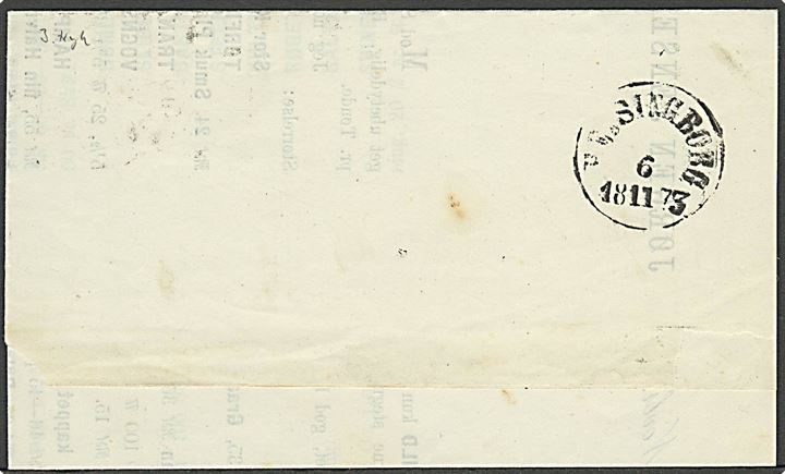 3 sk. Tofarvet 3. tryk single på tryksag fra Kjøbenhavn d. 5.11.1873 via Helsingborg til Falkenberg, Sverige.