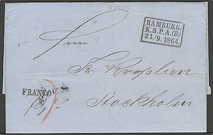 1864. Ufrankeret francobrev fra Hamburg med stempel Hamburg K.S.P.A.(D) d. 21.9.1864 til Stockholm, Sverige. Liniestempel: Franco. 