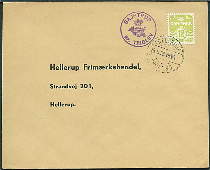 12 øre Bølgelinie på filatelistisk tryksag annulleret med bureaustempel Fredericia - Padborg T.993 d. 18.9.1958 og sidestemplet med posthornstempel BAJSTRUP pr. TINGLEV til Hellerup.