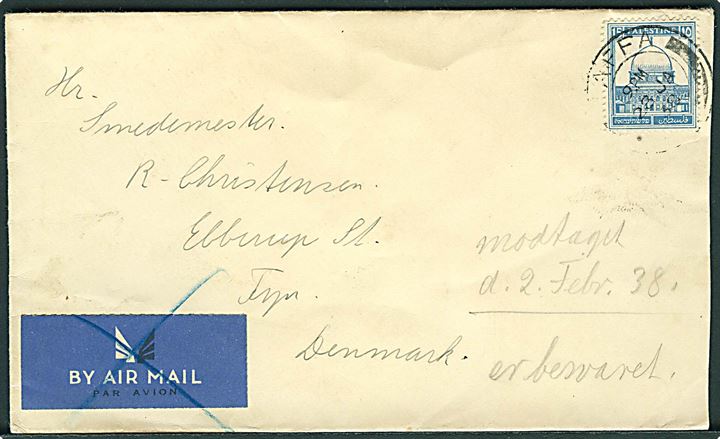 15 mills. single på underfrankeret luftpostbrev fra Jaffa d. 28.1.1938 til Ebberup St., Danmark. Luftpostetiket overstreget.