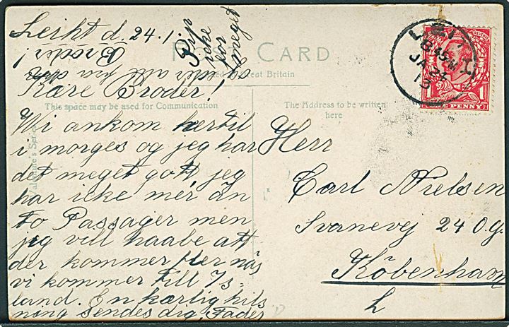 1d George V på brevkort stemplet Leith d. 24.1.1913 til København, Danmark.