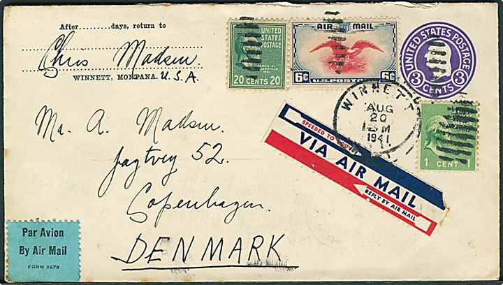 3 cents helsagskuvert opfrankeret med 27 cents sendt som luftpost fra Winnett d. 20.8.1941 via Lissabon d. 29.8.1941 til København, Danmark. Uden censur.