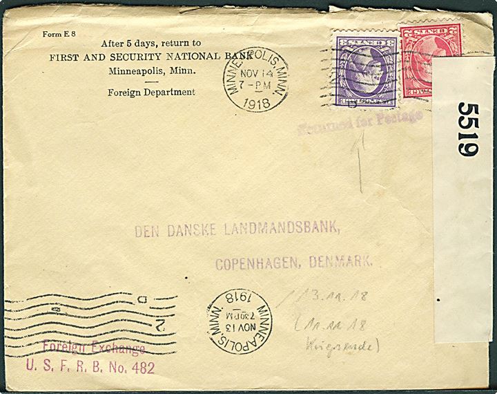 2 cents og 3 cents Washington på brev fra Minneapolis d. 14.11.1918 til København, Danmark. Åbnet af britisk censur no. 5519.