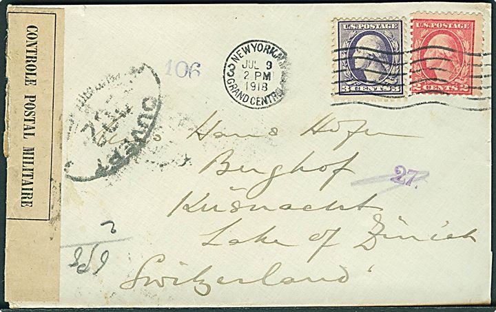 2 cents og 3 cents Washington på brev fra New York d. 9.7.1918 til Zürich, Schweiz. Åbnet af fransk censur.