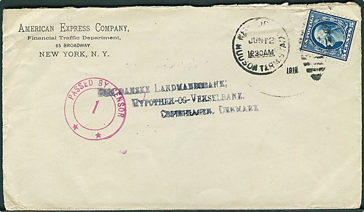 5 cents Washington single på brev fra New York d. 12.6.1919 til København, Danmark. Passér stemplet af den amerikanske censur: Passed by Censor 1.
