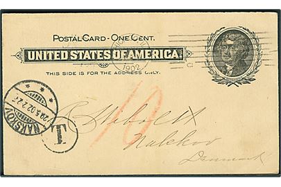 1 cent Jefferson helsagsbrevkort fra Chicago d. 15.5.1902 til Nakskov, Danmark. Underfrankeret med sort T-stempel og udtakseret i 10 øre dansk porto.