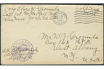 Ufrankeret amerikansk feltpostbrev påskrevet Soldiers Mail stemplet Rec'd from Army Bordeaux d. 21.9.1918 til West Albany, USA. Fra Co. 9 1st. M.M.Reg.S.C. Violet unit censor.