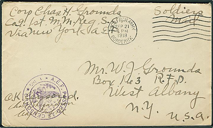 Ufrankeret amerikansk feltpostbrev påskrevet Soldiers Mail stemplet Rec'd from Army Bordeaux d. 21.9.1918 til West Albany, USA. Fra Co. 9 1st. M.M.Reg.S.C. Violet unit censor.