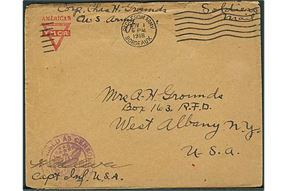 Ufrankeret amerikansk feltpostbrev påskrevet Soldiers Mail stemplet Rec'd from Army Bordeaux d. 1.11.1918 til West Albany, USA. Violet unit censor.