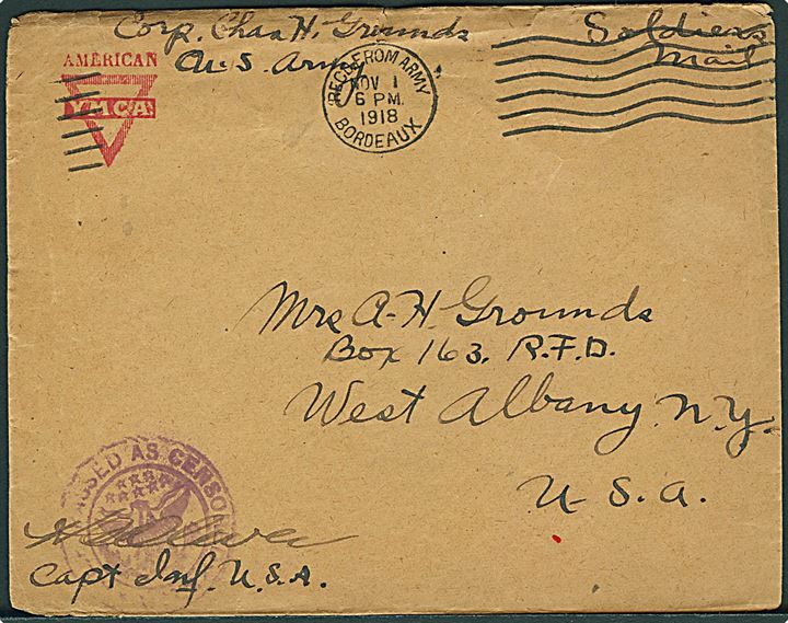Ufrankeret amerikansk feltpostbrev påskrevet Soldiers Mail stemplet Rec'd from Army Bordeaux d. 1.11.1918 til West Albany, USA. Violet unit censor.