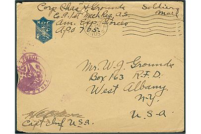 Ufrankeret feltpostbrev påskrevet Soldiers Mail stemplet U.S.Army M.P.E.S. 705 d. 13.12.1918 til West Albany, USA. Fra soldat ved Co. 9 1st Mech. Reg. A.S. Am. Exp. Forces APO 705. 