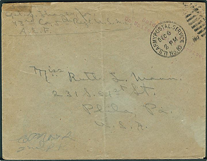 Ufrankeret feltpostbrev stemplet Soldiers Mail On United States Service og U.S.Army Postal Service No. 10 d. 6.12.1917 til Philadelphia, USA. Fra soldat i 43rd Co. 5th Regt. U.S.M.C. A.E.F.