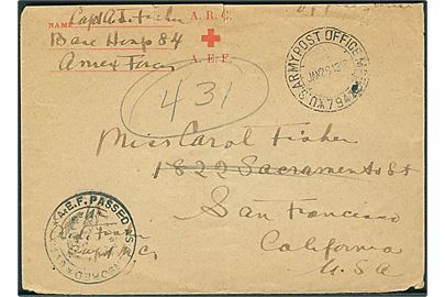 Ufrankeret amerikansk feltpostbrev påskrevet Officers Mail stemplet U.S.Army Post Office M.P.E.S. 794 d. 26.1.1918 til San Francisco, USA. Fra Base Hospital 84. Sort unit censor no. 3149.