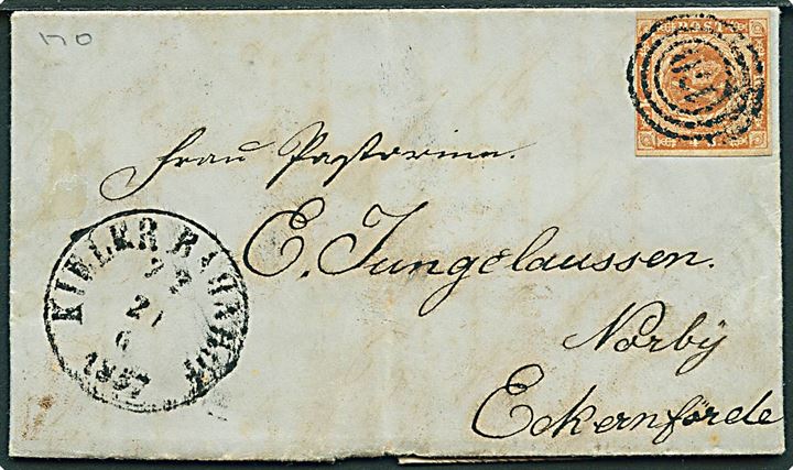 4 sk. 1854 udg. på brev annulleret med nr.stempel 170 og sidestemplet lapidar Kieler Bahnhof d. 21.6.1857 til Norby pr. Eckernförde.