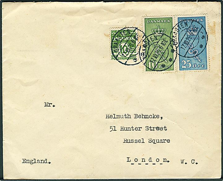 10 øre Bølgelinie, 10+5 øre og 255 øre Kræftmærke på brev fra Graasten sn1 d. 17.10.1929 til London, England.