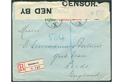 5 øre og 10 øre (4) Chr. X på anbefalet brev fra Kjøbenhavn d. 6.4.1916 til Leeds, England. Åbnet af britisk censur med håndskrevet censor-nr. 458.