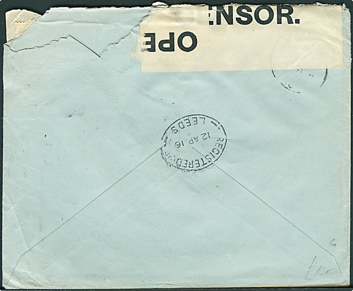 5 øre og 10 øre (4) Chr. X på anbefalet brev fra Kjøbenhavn d. 6.4.1916 til Leeds, England. Åbnet af britisk censur med håndskrevet censor-nr. 458.