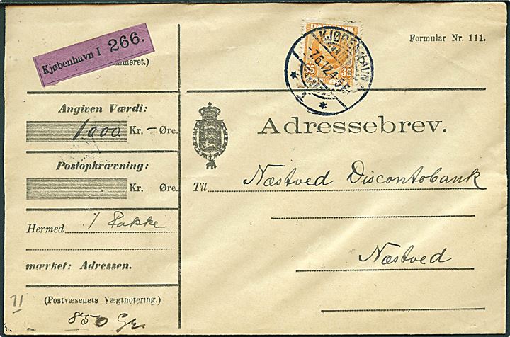 35 øre Fr. VIII single på adressebrev for værdipakke fra Kjøbenhavn d. 7.6.1912 til Næstved.