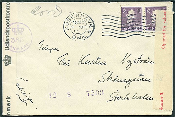 10 øre Chr. X i parstykke på brev fra København d. 9.9.1945 til Stockholm, Sverige. Åbnet af dansk efterkrigscensur (krone)/385/Danmark og svensk valutakontrol.