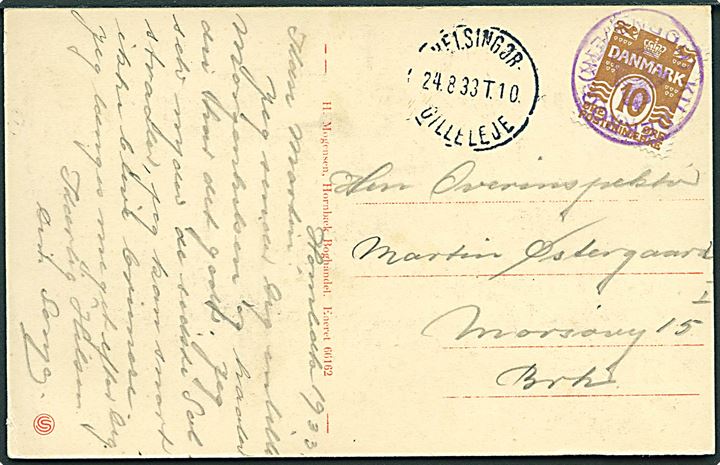 10 øre Bølgelinie på brevkort annulleret med posthornstempel KILDEKROG (HORNBÆK) og sidestemplet med bureaustempel Helsingør - Gilleleje T.10 d. 24.8.1933 til København.