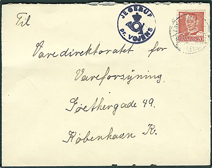 20 øre Fr. IX på brev annulleret med svagt bureaustempel Fredericia - Flensborg 1950 og sidestemplet med posthornstempel JEGSTRUP pr. VOJENS til København.