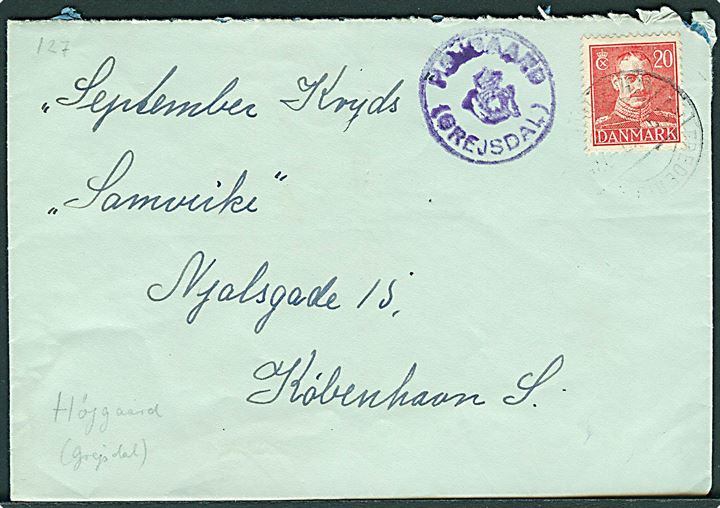 20 øre Chr. X på brev annulleret med svagt bureaustempel Fredericia - Vejle - Struer T.72 d. 21.9.1946 og sidestemplet med posthornstempel HØJGAARD (GREJSDAL) til København.