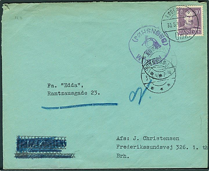 10 øre Chr. X single på lokalbrev stemplet København d. 30.5.1944 og sidestemplet med posthornstempel HUSUM (BRØNSHØJ) til København.