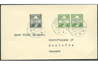 1 øre og 7 øre (par) Chr. X på brev fra Upernavik d. 26.6.1939 til Gentofte.