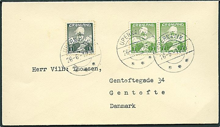 1 øre og 7 øre (par) Chr. X på brev fra Upernavik d. 26.6.1939 til Gentofte.