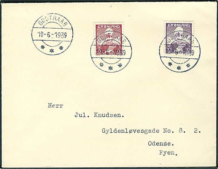 5 øre og 10 øre Chr. X på brev stemplet Godthaab d. 10.6.1939 til Odense.