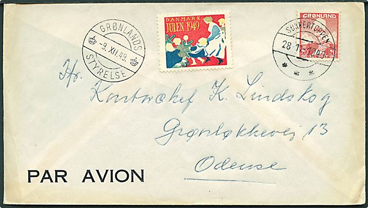 20 øre Chr. X på luftpostbrev fra Sukkertoppen d. 28.11.1949 via Grønlands Styrelse d. 9.12.1949 til Odense. 