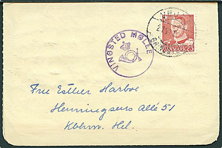 25 øre Fr. IX på korrespondancekort fra Drengelejren annulleret med bureaustempel Vejle - Grindsted T.3 d. 2.7.1951 og sidestemplet med posthornstempel VINGSTED MØLLE til København.