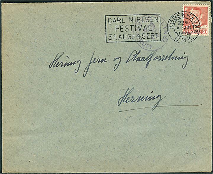 30 øre Fr. IX på brev annulleret med TMS Carl Nielsen Festival 31.Aug. - 4. Sept./København OMK.25 d. 8.7.1953 og sidestemplet med posthornstempel LYNGE (SLANGERUP) til Herning.
