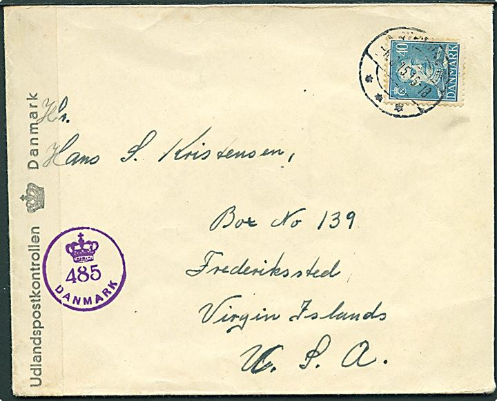 40 øre Chr. X på brev med svagt stempel d. 6.8.1945 til Frederiksted, Virgin Islands, USA (Tidl. Dansk Vestindien). Åbnet af dansk efterkrigscensur (krone)/485/Danmark.