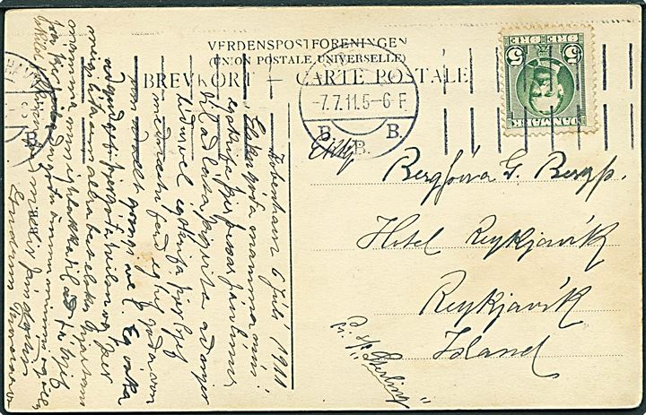 5 øre Fr. VIII på brevkort fra Kjøbenhavn d. 7.7.1911 til Reykjavik, Island. Påskrevet: Pr. S/S Sterling.