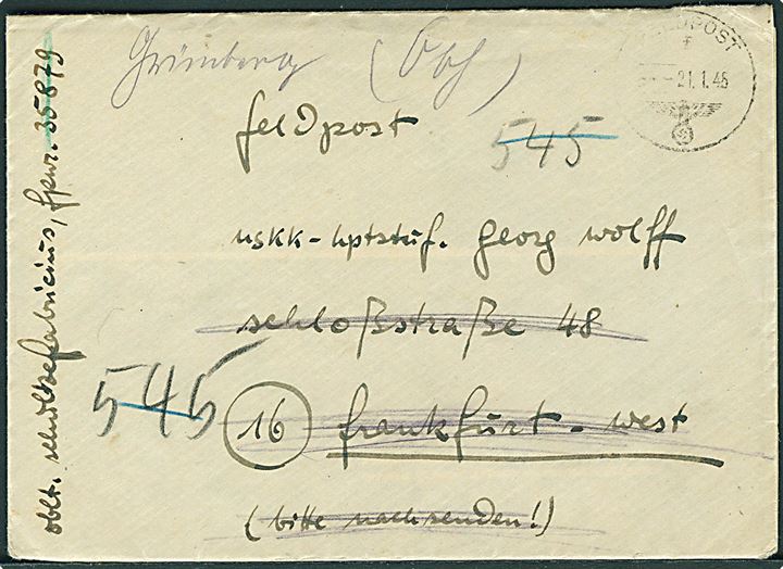 Ufrankeret tysk feltpostbrev med indhold stemplet Feldpost f d. 21.1.1945 til Frankfurt - eftersendt. Fra soldat ved feldpost 35879 = Stab MG-Ski-Brigade Finnland.