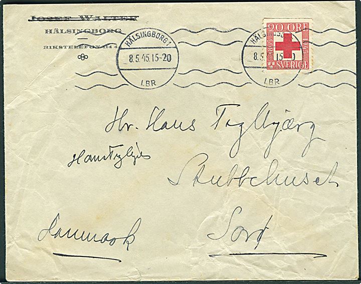 20 öre Rode Kors på brev fra Hälsingborg d. 8.5.1945 til Sorø, Danmark. Uden censur. Censurløse periode.