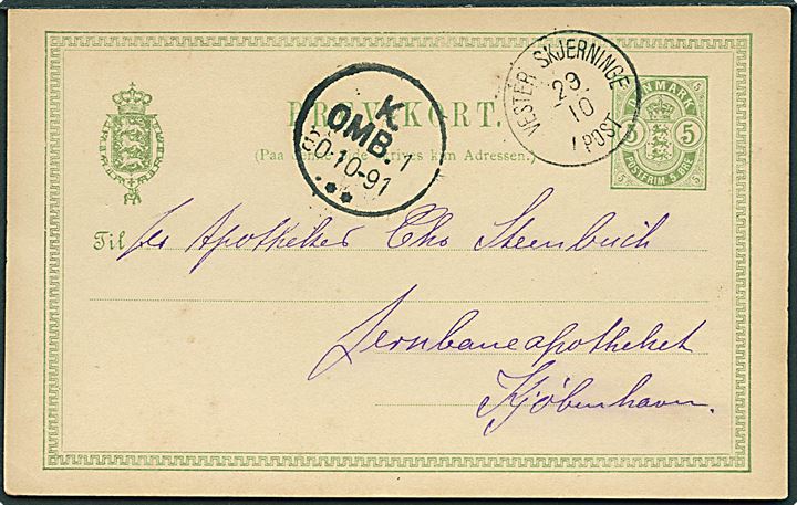 5 øre Våben helsagsbrevkort annulleret med lapidar Vester Skjerninge d. 29.10.1891 til Kjøbenhavn.