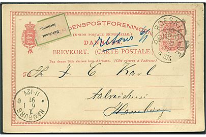 10 øre Våben helsagsbrevkort med lapidar Roeskilde d. 30.12.1890 til Hamburg, Tyskland. Retur med 2-sproget etiket: Unbekannt.