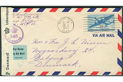 Amerikansk 30 cents Transport på luftpostbrev fra Sioux City d. 9.7.1945 til Esbjerg, Danmark. Åbnet af dansk efterkrigscensur (krone)/345/Danmark.