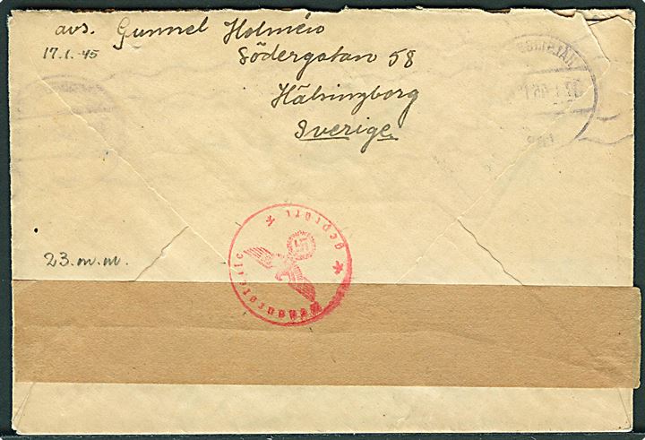 20 öre Gustaf på brev fra Hälsingborg d. 17.1.1945 til København, Danmark. Åbnet af tysk censur i Sønderborg med neutral brun banderole (23 mm) stemplet Zensurstelle k.