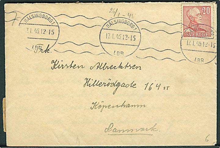 20 öre Gustaf på brev fra Hälsingborg d. 17.1.1945 til København, Danmark. Åbnet af tysk censur i Sønderborg med neutral brun banderole (23 mm) stemplet Zensurstelle k.