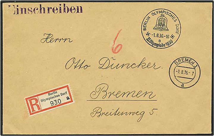 2 Rec. breve med Olympiade blokke fra Berlin d. 1.8.1936 til Bremen.