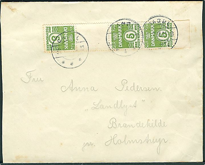 5 øre Bølgelinie i tête-bêche 4-stribe med mellemstykke på brev fra Gabøl d. 30.9.1935 til Brændekilde pr. Holmstrup.