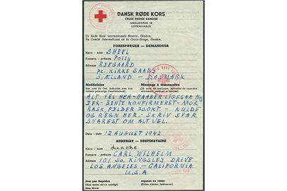 Dansk Røde Kors formular (Form. III-4-42) med meddelelse fra Kirke Saaby d. 12.8.1942 til Los Angeles, USA. På bagsiden svar dateret d. 8.1.1943. Røde Kors stempler fra København og Geneve.