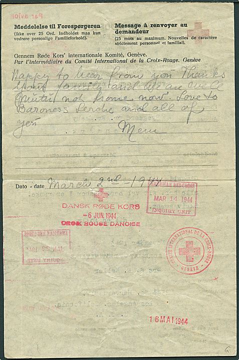 Dansk Røde Kors formular (Form. III-9-43) med meddelelse fra Kirke Saaby d. 4.11.1943 til Los Angeles, USA. På bagsiden svar dateret d. 2.3.1944. Røde Kors stempler fra København, Geneve og USA.