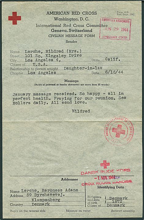 American Red Cross formular med meddelelse fra Los Angeles d. 16.6.1944 til Klampenborg, Danmark. Flere stempler.