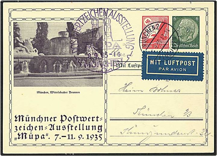 6 pfennig mørkegrøn og 10 øre rød lokalt sendt enkeltbrevkort fra München d. 8.9.1935.